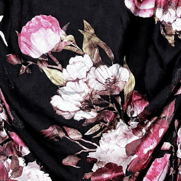 Black Foiled Pink Floral Ruched Mini Dress Bodycon Coquette Whimsigoth Womens S - Picture 10 of 16